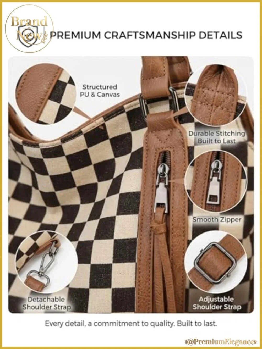 Vintage Checkered Hobo Shoulder Bag for Women Large Tote with Pockets PU